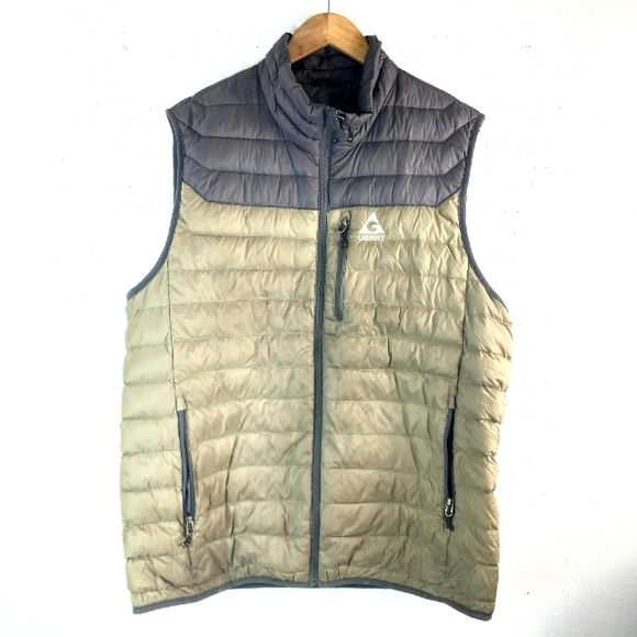 Gerry XL Mens Down Feather Zip Front Puffer Vest Olive n Gray Gorpcore